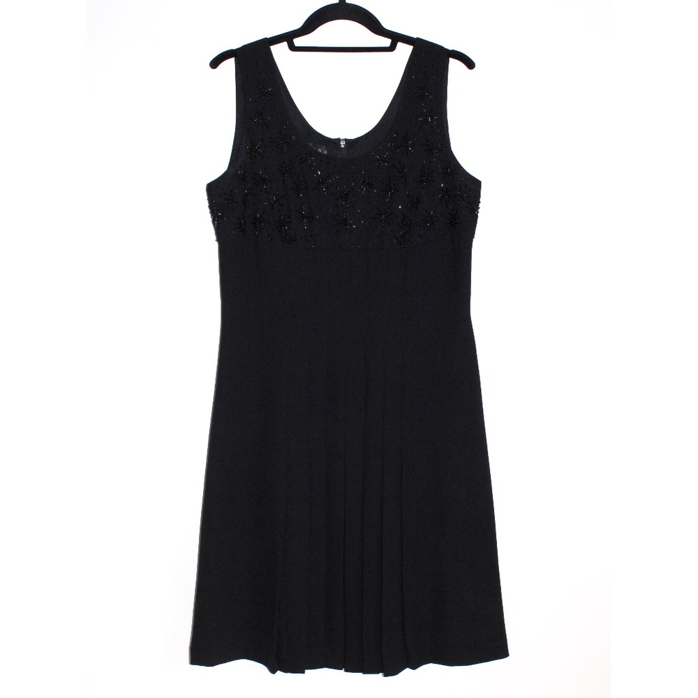 Vintage 90s Black Crepe Beaded Pleat Detail A-Line Dress